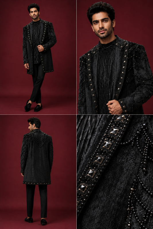 Black Embellished Indo-Western Long Jacket Set