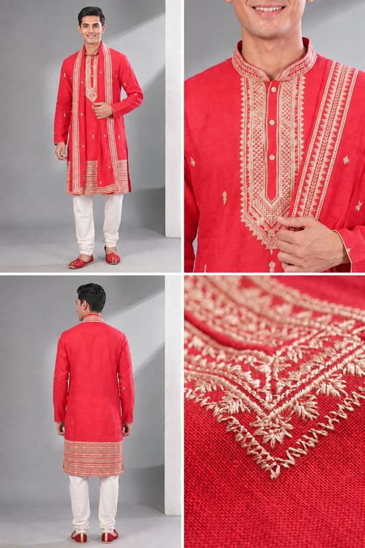 Red Embroidered Wedding Kurta Set
