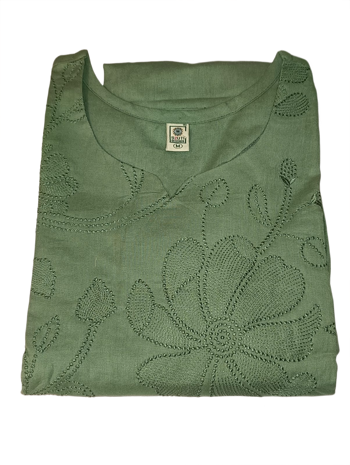Women's Sage Green Floral Embroidered Straight Kurta Pant Set