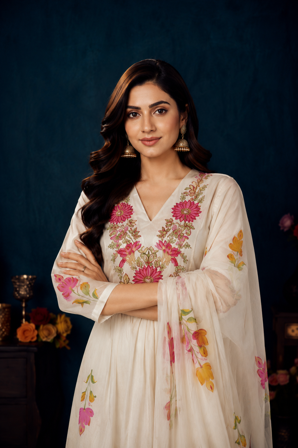 Elegant Ivory Floral Embroidered Kurta Pant & Dupatta Set