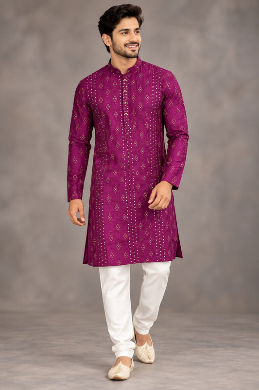 Men's Magenta Purple Ethnic Printed Kurta with White Pant