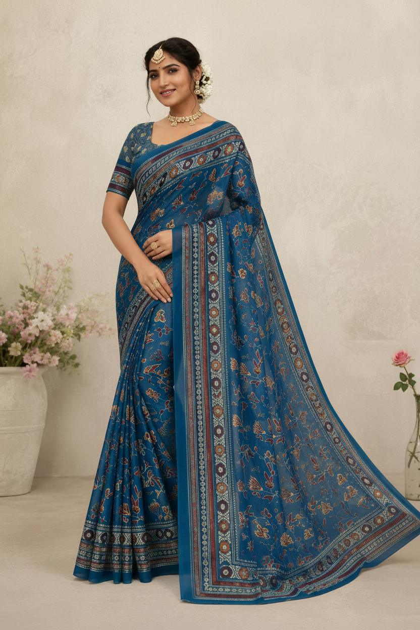 Women's  Floral Printed Saree with Traditional Border