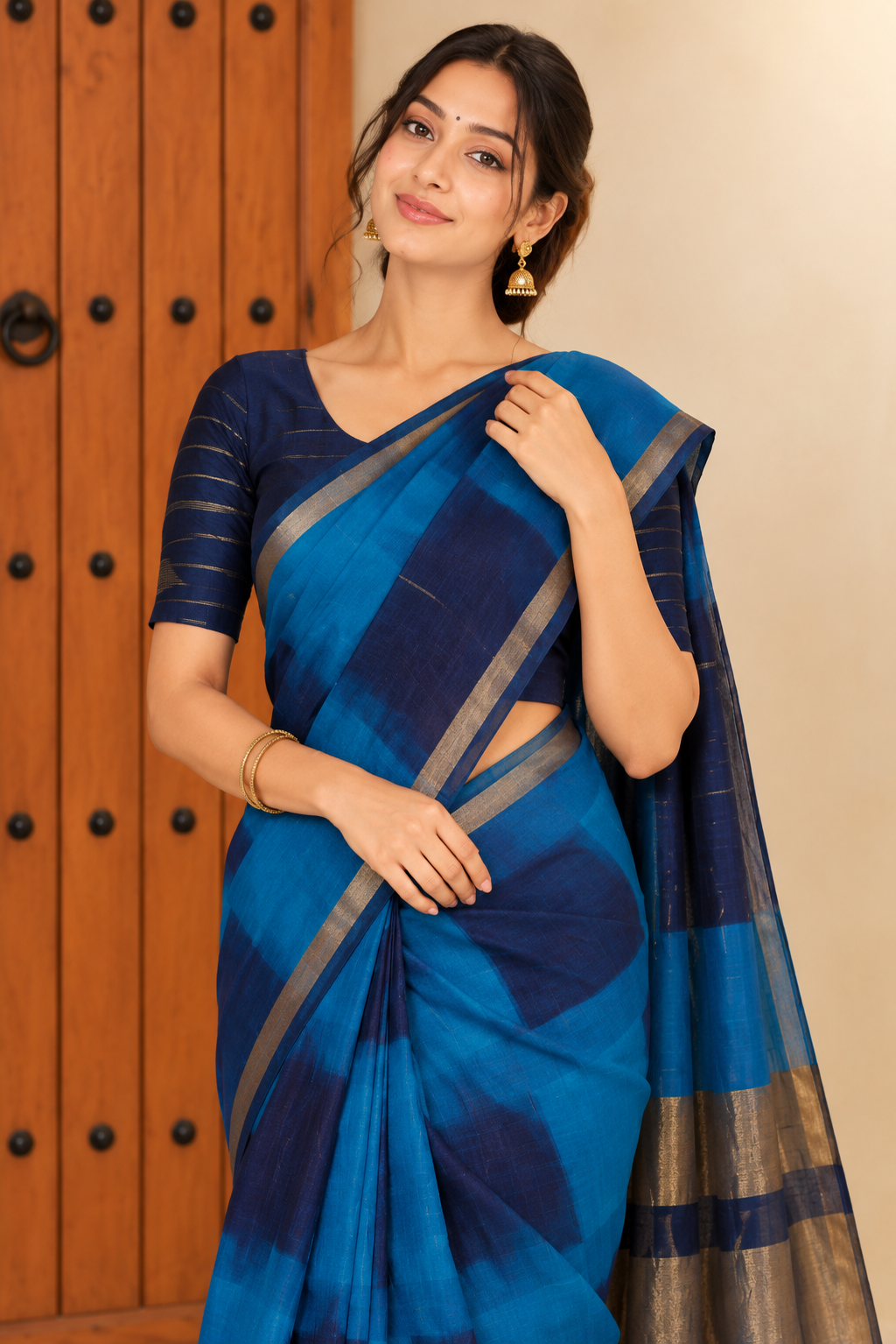 Elegant Teal Blue Handloom Saree with Metallic Border