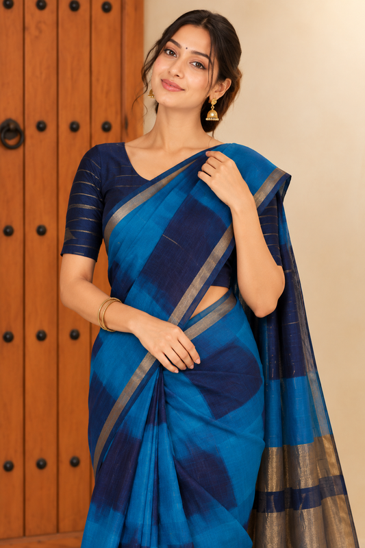 Elegant Teal Blue Handloom Saree with Metallic Border