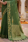 Green Checked Silk Saree with Floral Zari Border