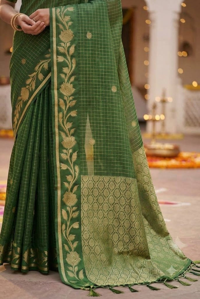 Green Checked Silk Saree with Floral Zari Border