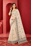 Ivory Saree with Traditional Motifs & Grey Border