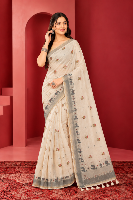 Ivory Saree with Traditional Motifs & Grey Border