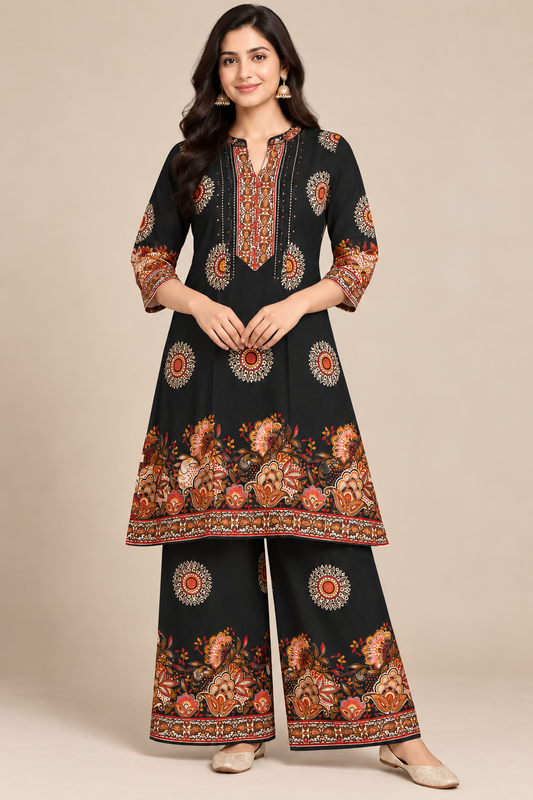 Elegant Black Floral Printed Kurta Palazzo Set for Women