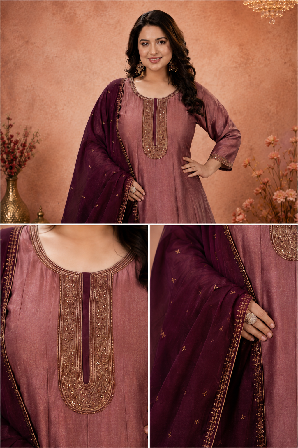 Elegant Mauve Embroidered Anarkali Kurta Set with Dupatta