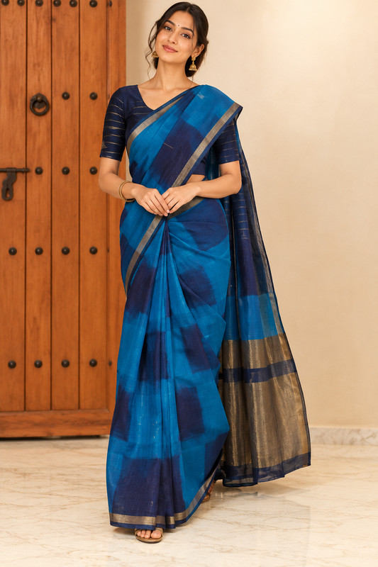 Elegant Teal Blue Handloom Saree with Metallic Border