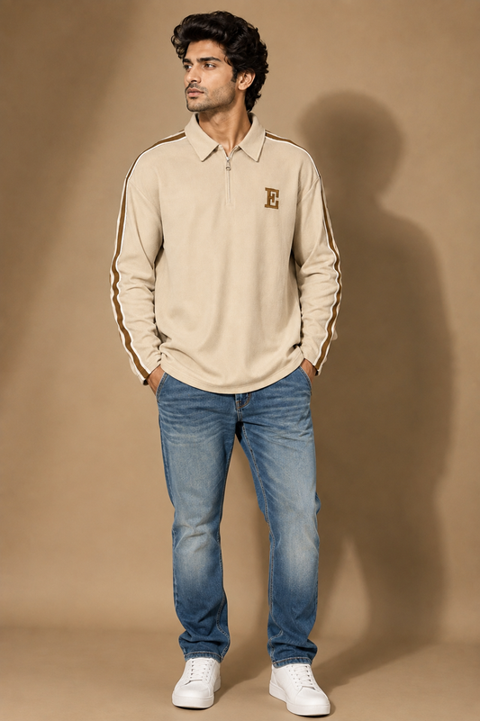 Men’s Beige Half-Zip Sweatshirt with Side Stripes