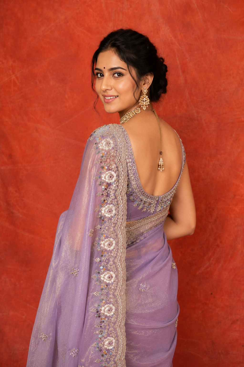 Lavender Organza Saree with Intricate Hand Embroidery & Sequins Border