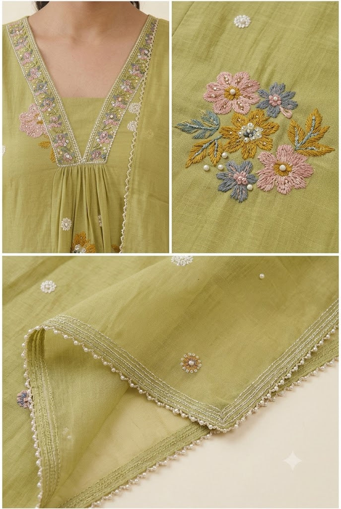 Olive Green Floral Embroidered Kurta Set with Dupatta