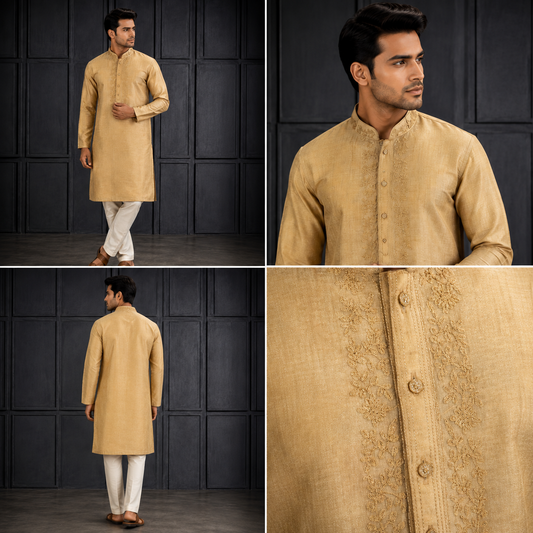 Beige Gold Tonal Embroidered Silk Kurta Set for Men