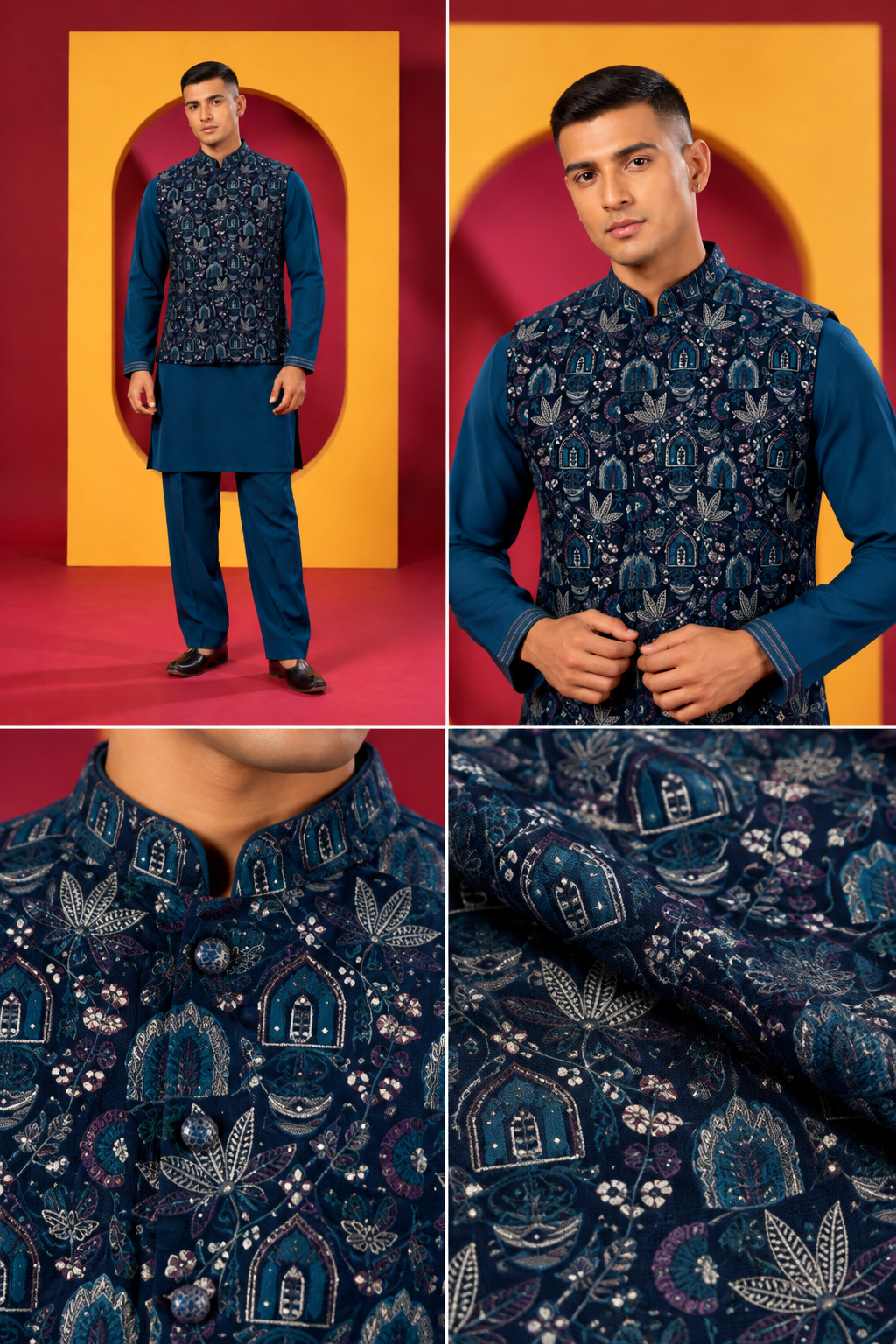 Men's Premium Teal Blue Kurta Pant Set with Designer Printed Nehru Jacket