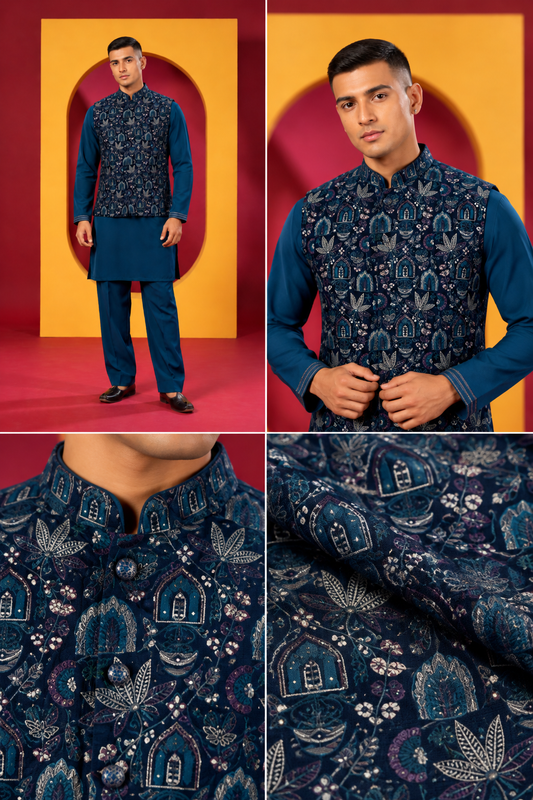 Men's Premium Teal Blue Kurta Pant Set with Designer Printed Nehru Jacket