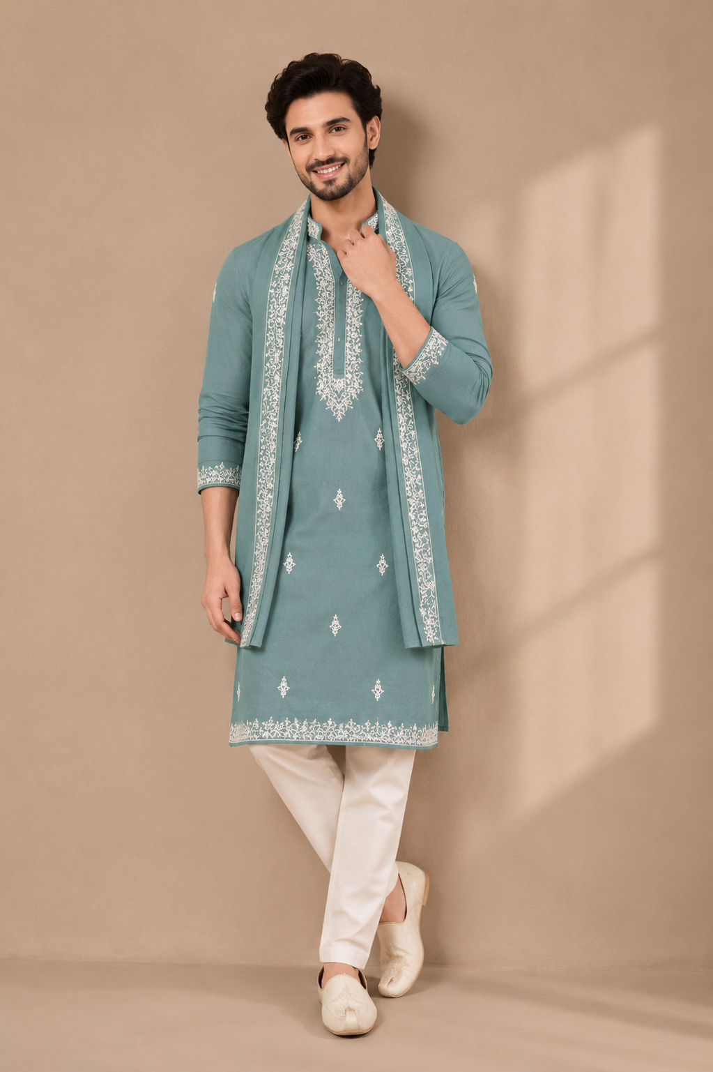 Sage Green Embroidered Kurta with Stole