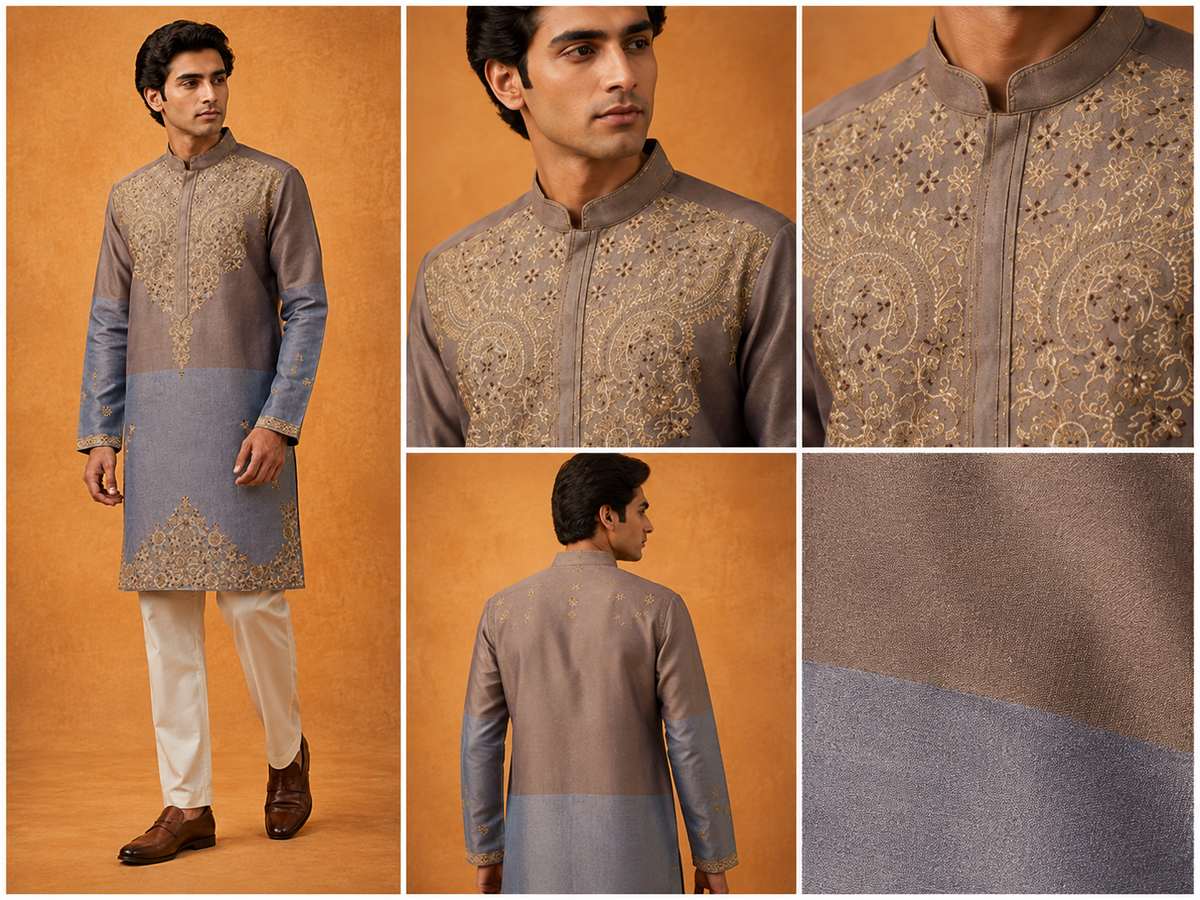 Dual-Tone Mauve & Steel Blue Embroidered Kurta for Men