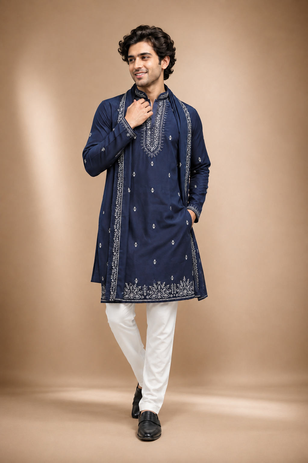 Royal Navy Blue Embroidered Kurta Dupatta Set