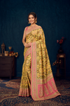 Mustard Yellow & Olive Printed Saree with Pink Woven Border