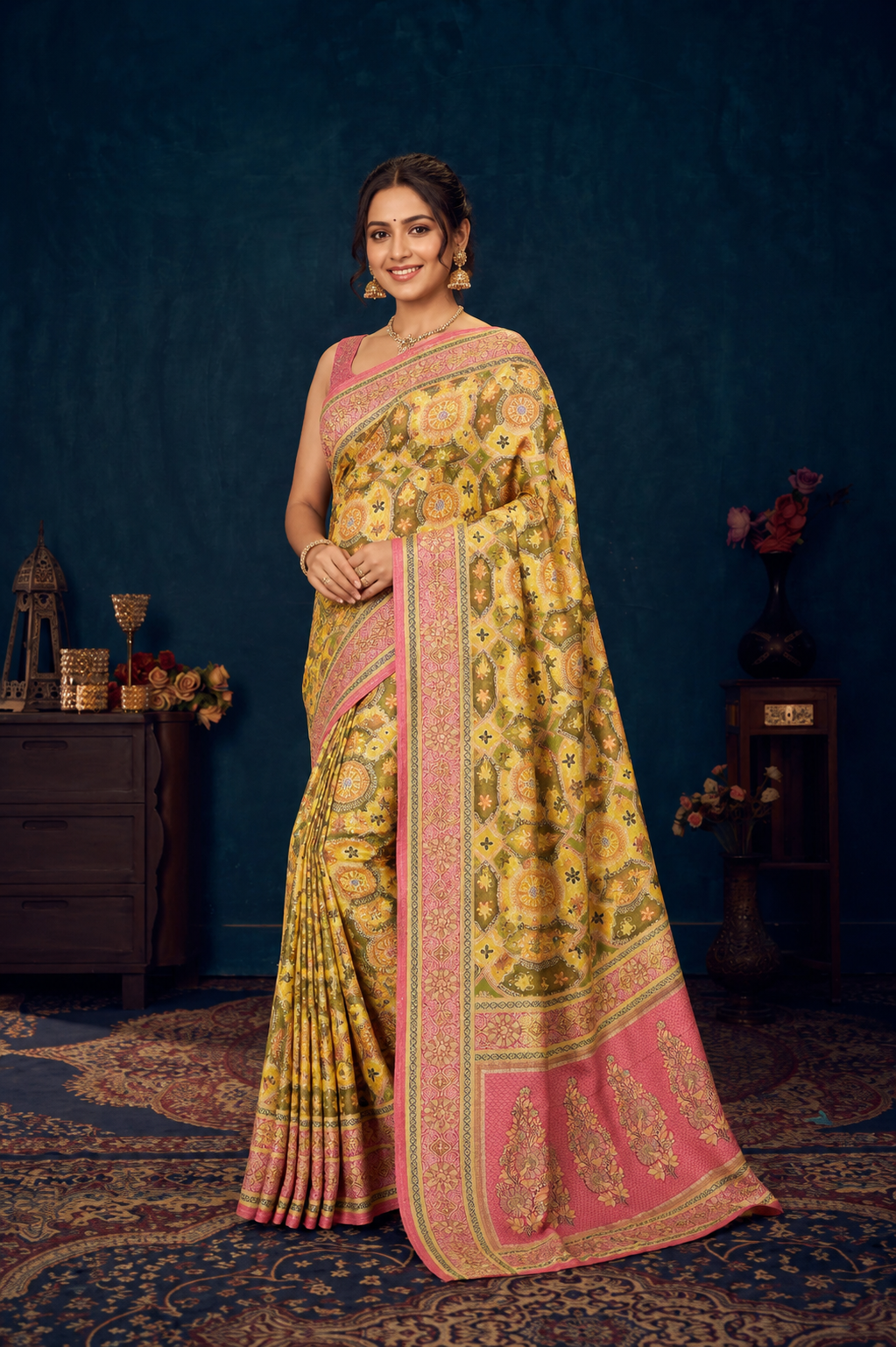 Mustard Yellow & Olive Printed Saree with Pink Woven Border
