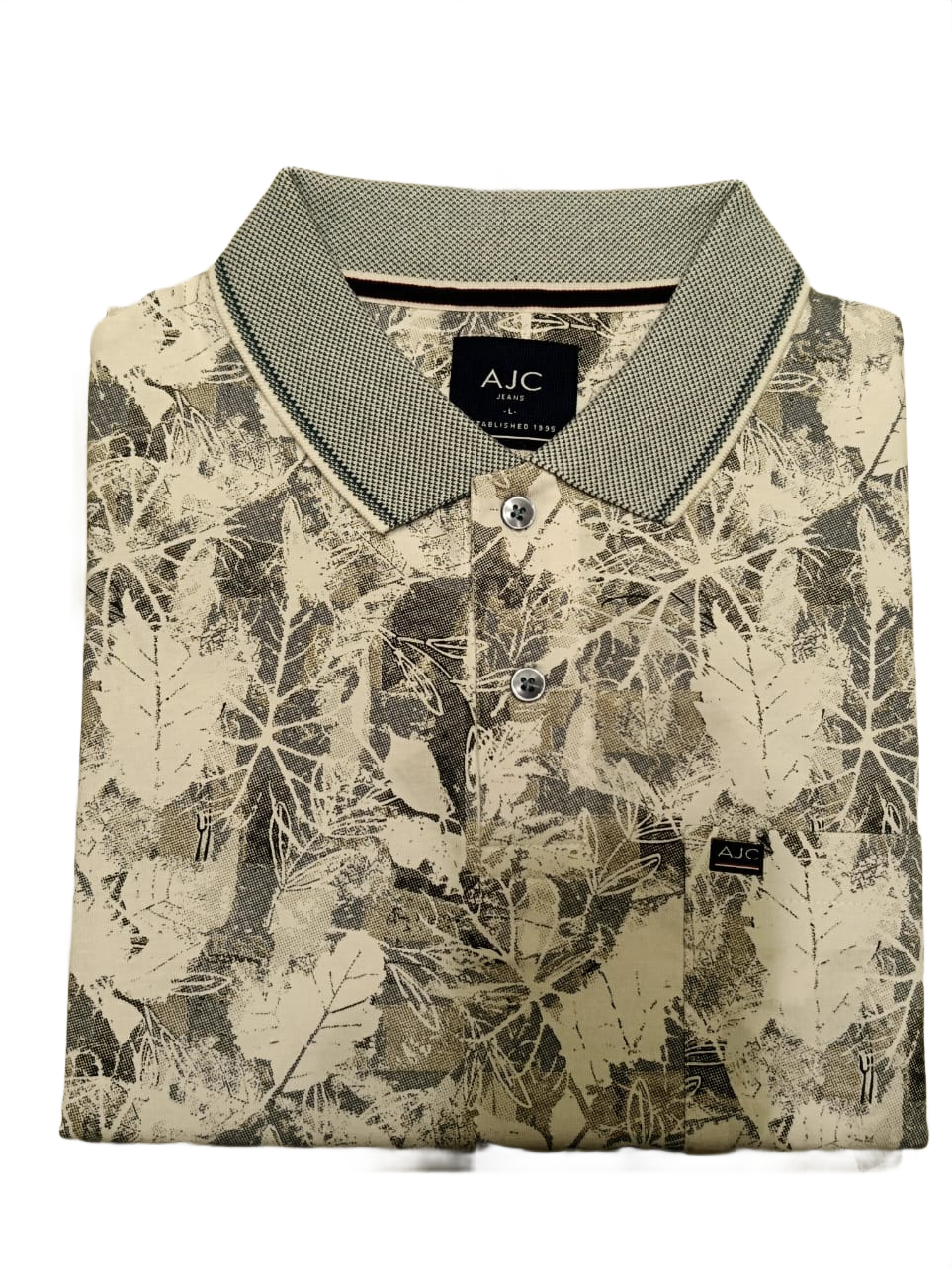 Men's Grey Leaf Print Polo T-Shirt with Chest Pocket