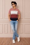 Men's Striped Polo T-Shirt with Light Wash Denim Look