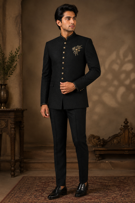 Classic Black Embroidered Jodhpuri Bandhgala Suit