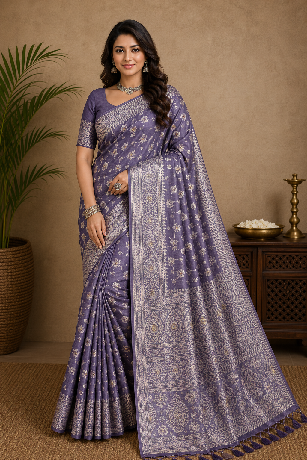 Elegant Lavender Woven Saree with Intricate Silver Zari Border