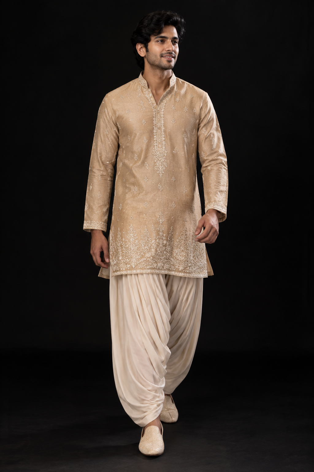 Beige Gold Embroidered Festive Kurta Set