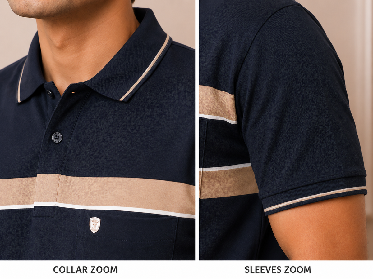 Men's Navy Blue Striped Polo T-Shirt – Premium Cotton Casual Wear