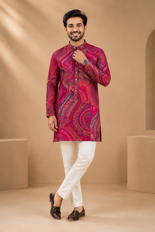Red Paisley Print Men’s Festive Kurta Set