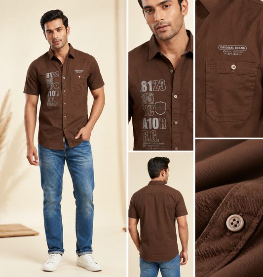 Men's Casual Brown Graphic Print Short Sleeve Shirt | Slim Fit