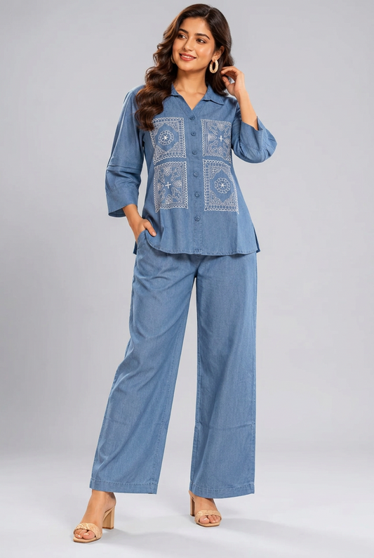 Women's Denim Blue Embroidered Co-Ord Set