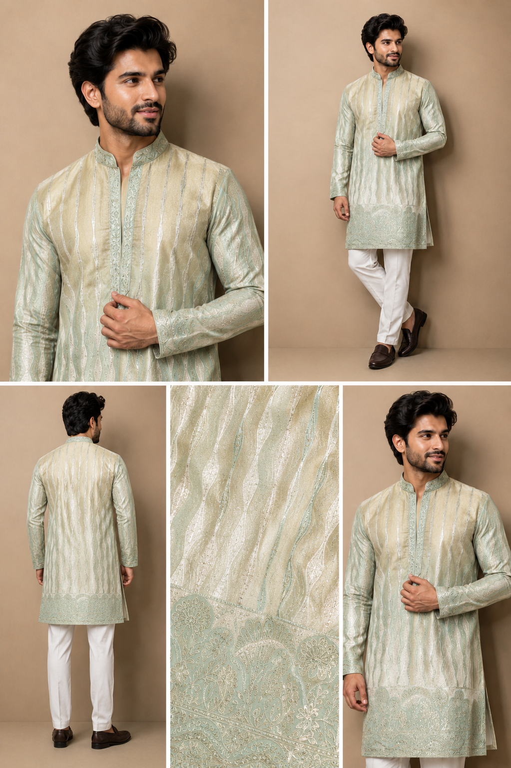 Mint Green Woven Jacquard Kurta Set