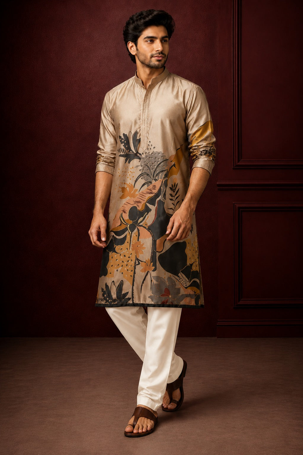 Beige Abstract Floral Printed Festive Kurta