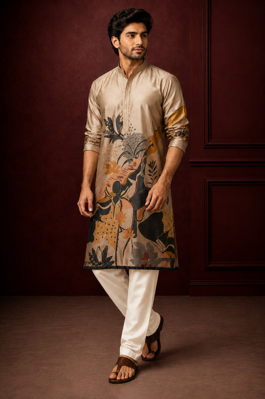 Beige Abstract Floral Printed Festive Kurta