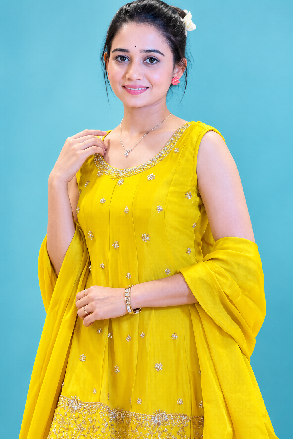 Elegant Sunshine Yellow Embroidered Sharara Set with Dupatta