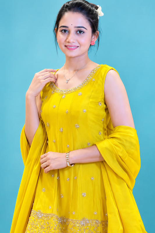 Elegant Sunshine Yellow Embroidered Sharara Set with Dupatta