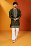 Men's Olive Green Embroidered Festive Kurta with White Pajama