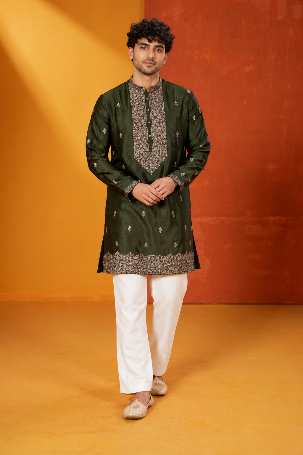 Men's Olive Green Embroidered Festive Kurta with White Pajama