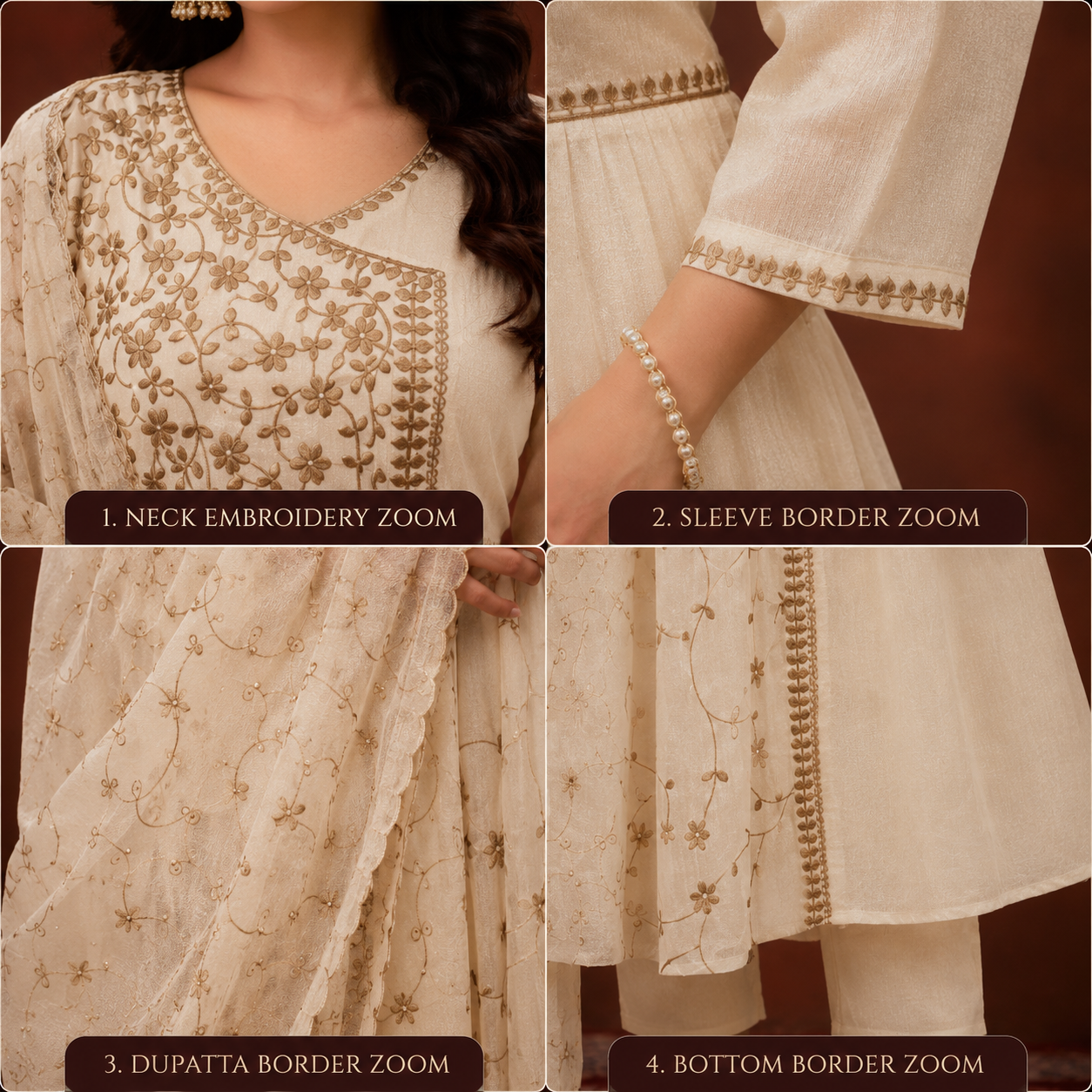 Elegant Cream Embroidered Anarkali Kurta Set with Floral Dupatta | Women's Festive Ethnic Wear