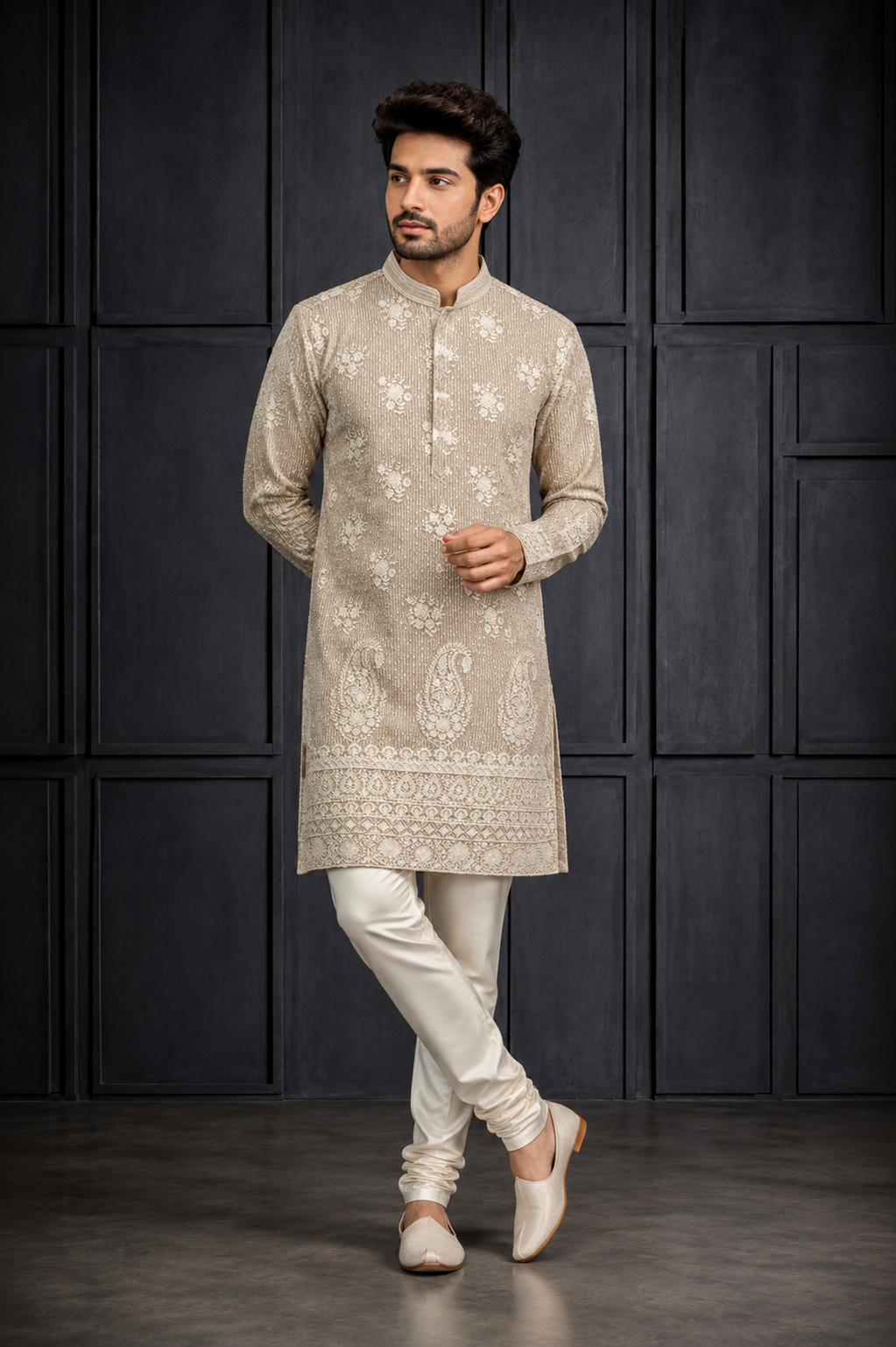Beige Embroidered Paisley Festive Kurta Set for Men