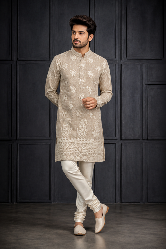 Beige Embroidered Paisley Festive Kurta Set for Men