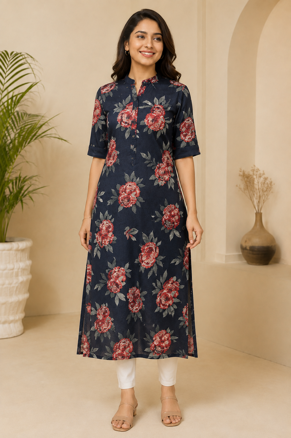 Navy Blue Floral Long Kurti