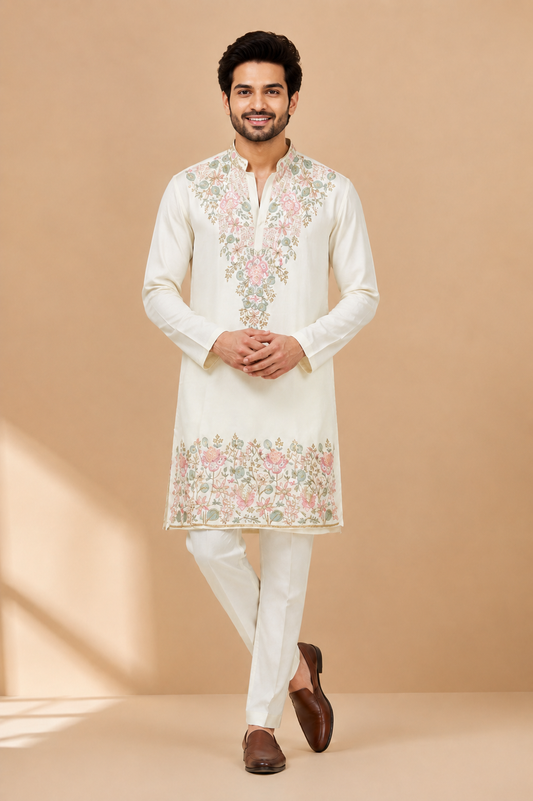 Ivory Floral Embroidered Men’s Kurta Set
