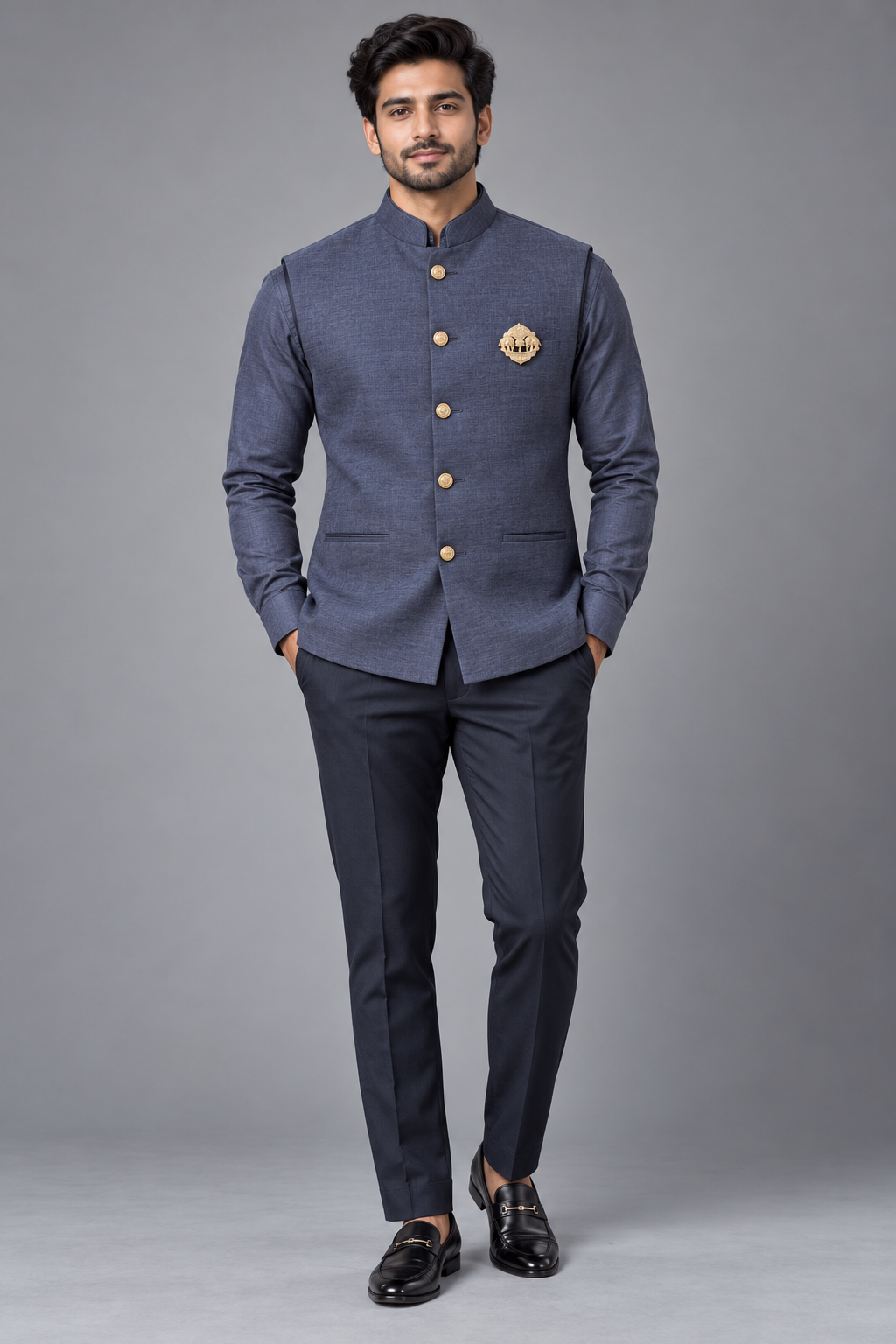 Men's Premium Slate Blue Nehru Jacket with Shirt Set