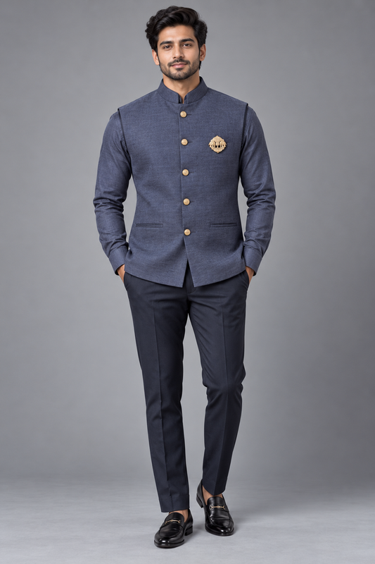 Men's Premium Slate Blue Nehru Jacket with Shirt Set