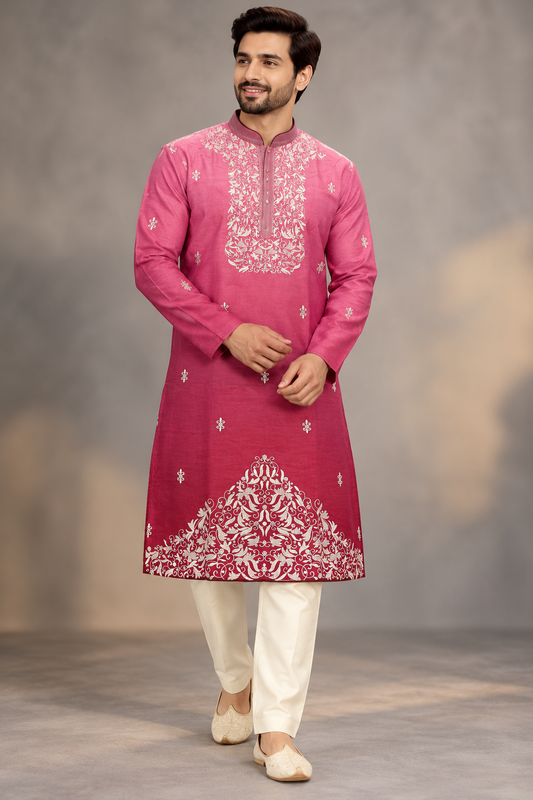 Men's Pink Ombre Embroidered Kurta Set